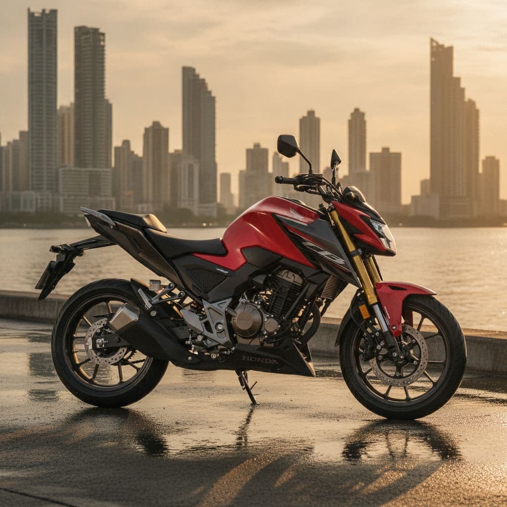 Honda CB300 Twister nueva frente al skyline de Ciudad de Panamá