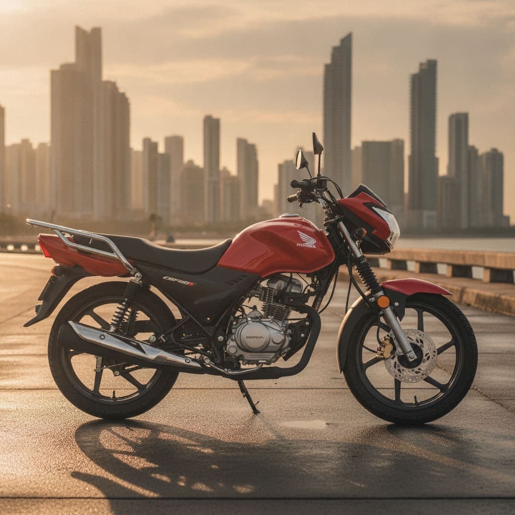 Honda CBF150S frente al skyline de Ciudad de Panamá