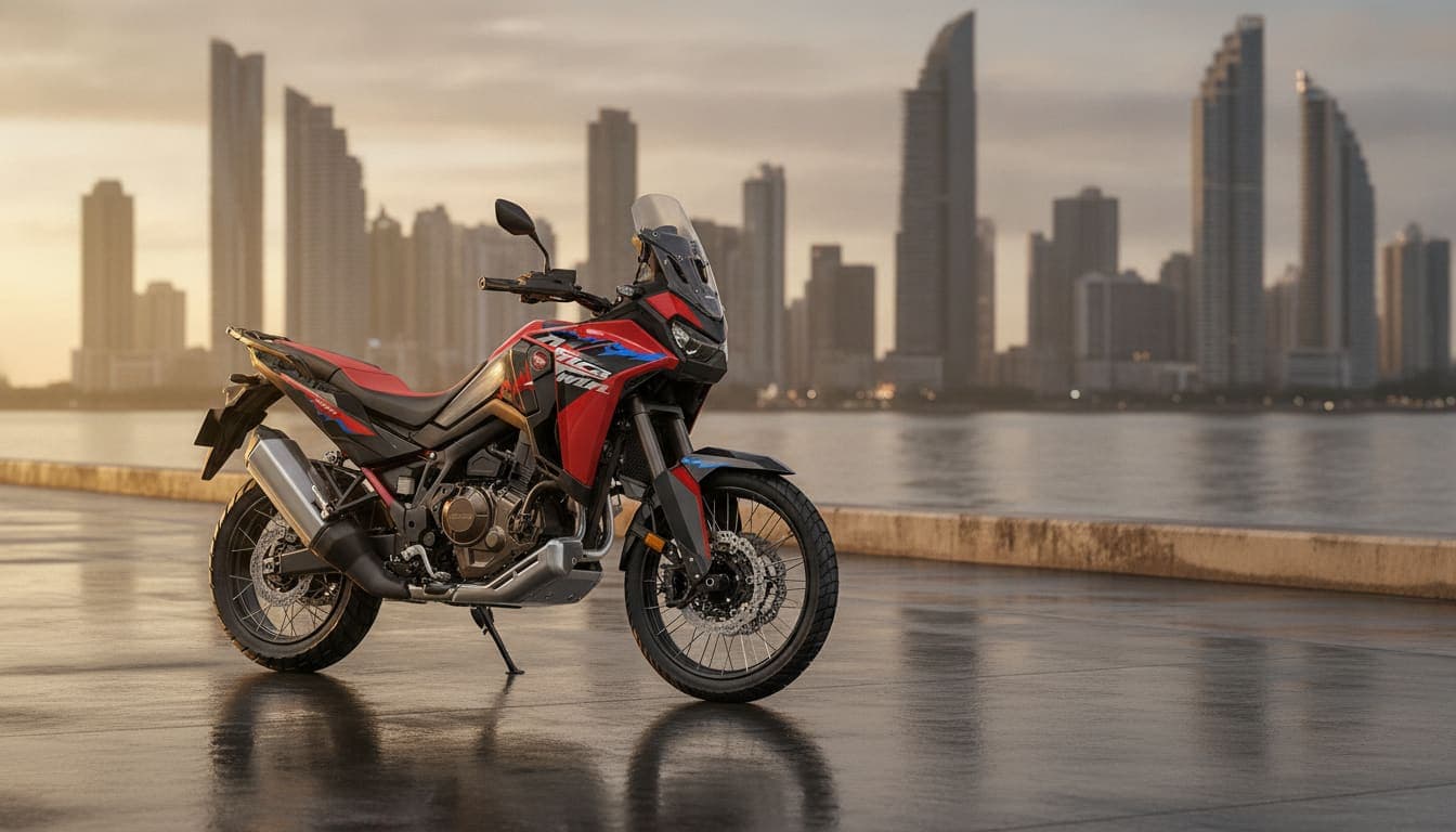 Honda CRF1100 Africa Twin frente al skyline de Ciudad de Panamá