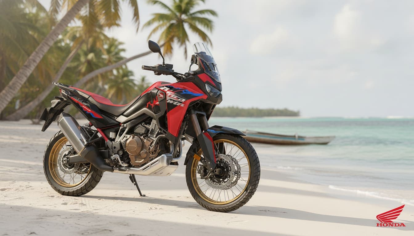 Honda CRF1100 Africa Twin sobre la arena de una playa panameña