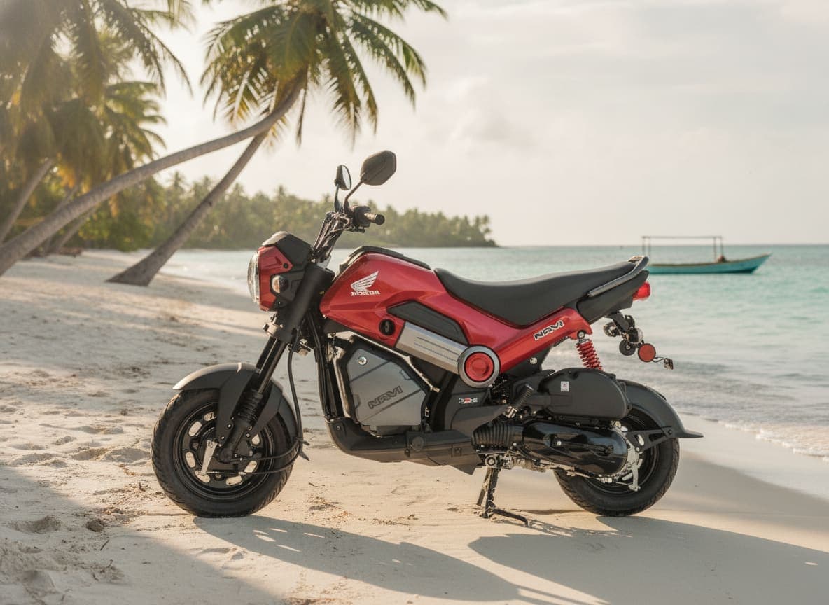 Honda Navi 110 en una playa del Pacífico panameño