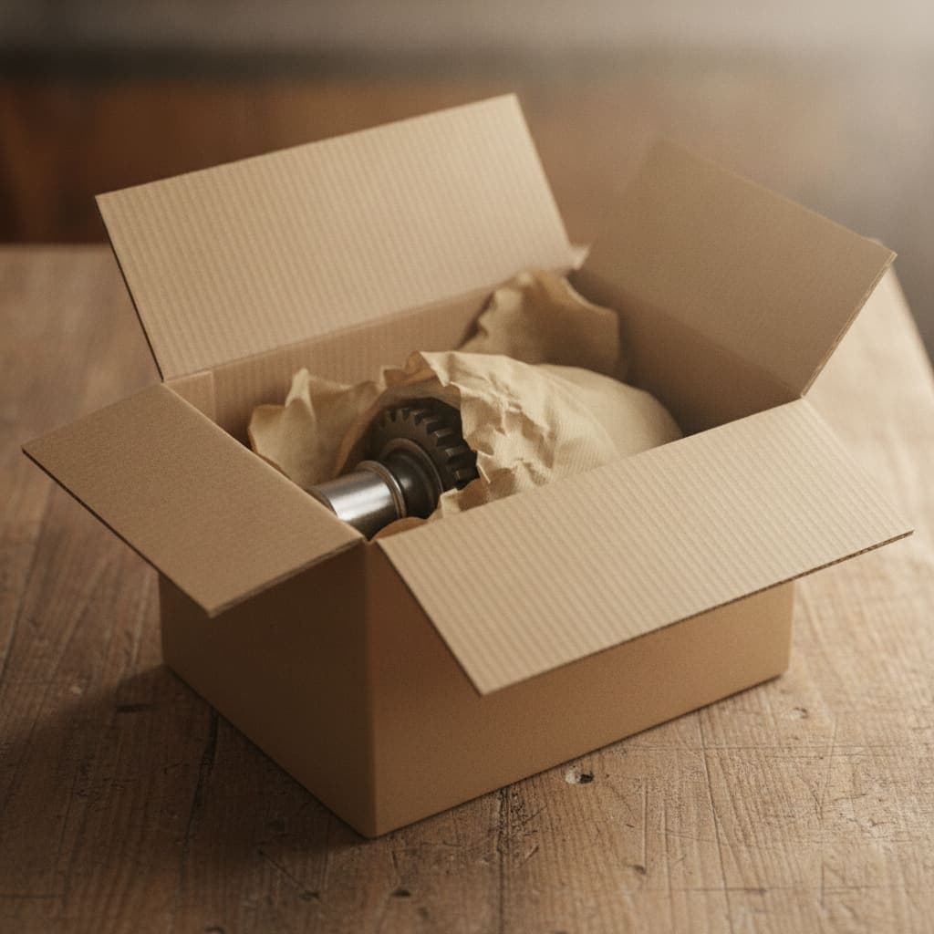 Caja de repuesto original abierta sobre un banco de trabajo