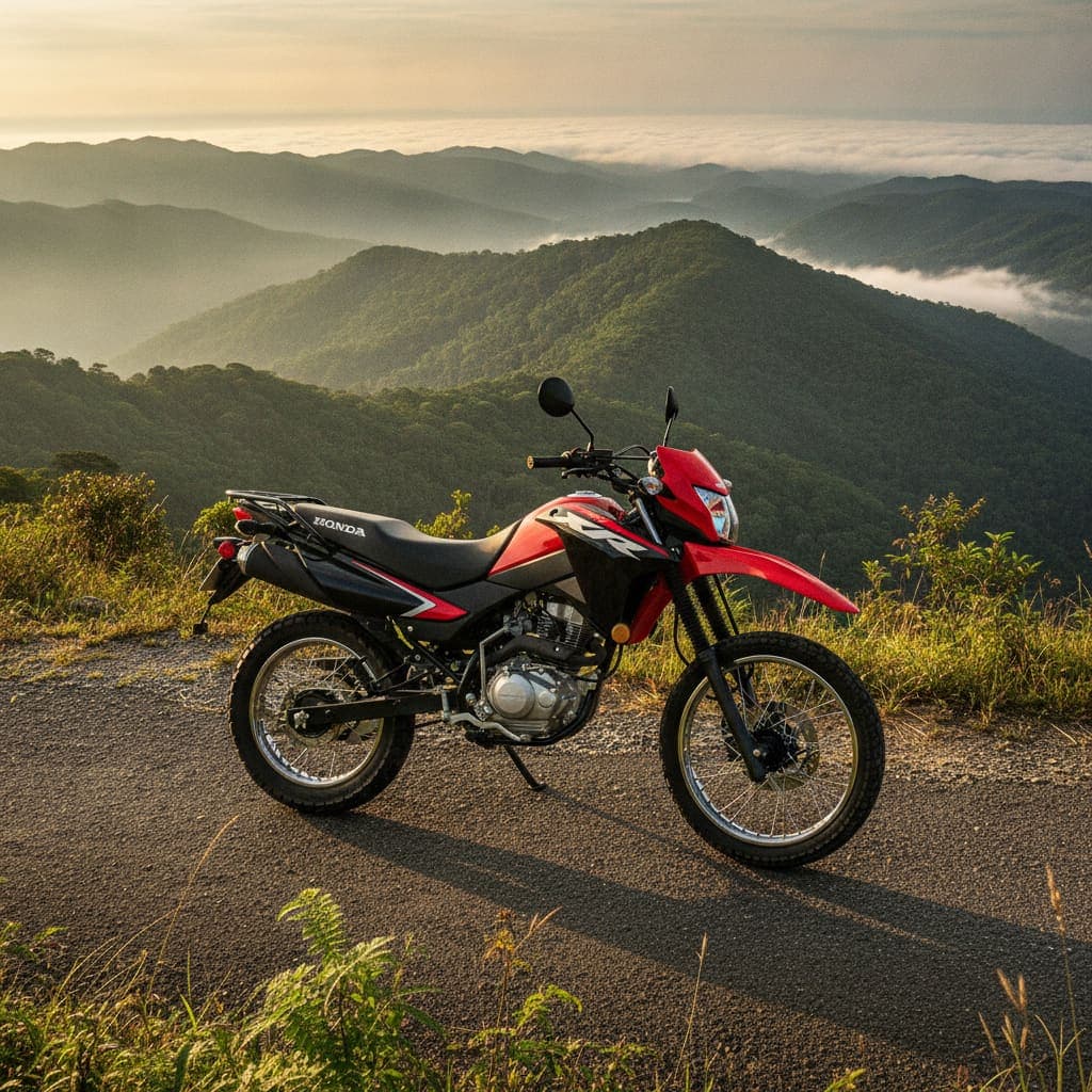 Honda XR150L en una carretera de montaña al amanecer, con la cordillera panameña al fondo